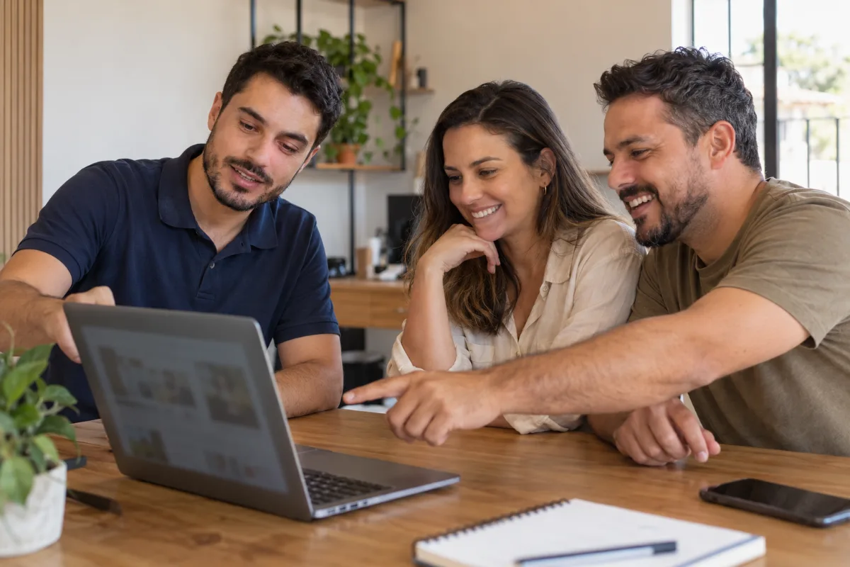 Consultor da Lista Mais apresenta o site pronto no notebook para um casal de clientes