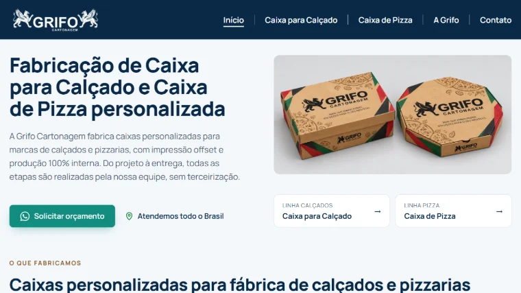 Tela inicial do site da Grifo Cartonagem no computador