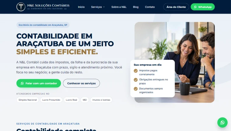 Tela inicial do site da N&L Contábil no computador