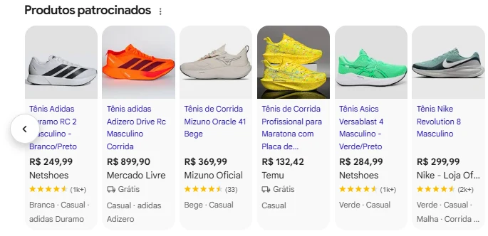 Anúncios no Google Shopping: produtos patrocinados com foto, preço, loja e avaliações