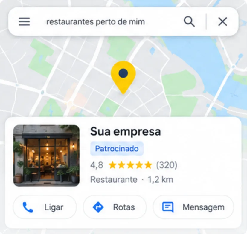 Anúncio patrocinado no Google Maps: sua empresa em destaque com avaliação, distância e botões de ligar, rotas e mensagem