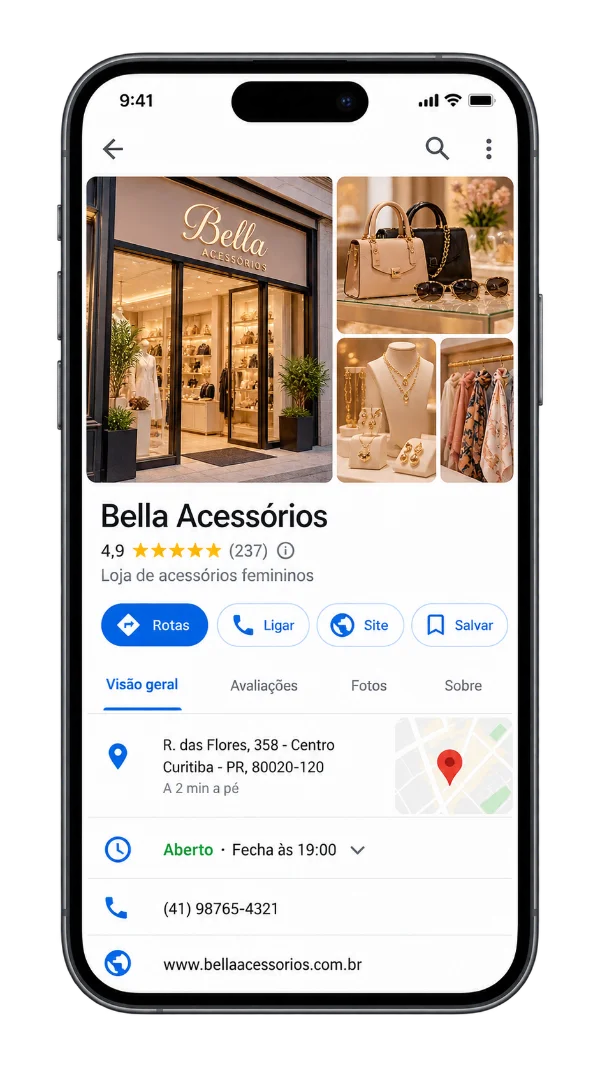 Perfil da Empresa no Google completo no celular: fotos, avaliações, botões de rotas, ligar e site, endereço, horário e telefone