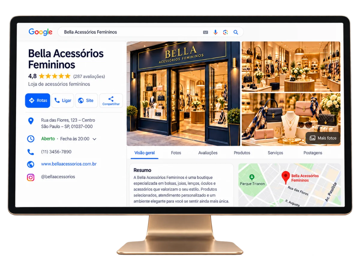 Perfil da Empresa no Google completo em um monitor: fotos profissionais, avaliações, endereço, horário, telefone, produtos, serviços e postagens
